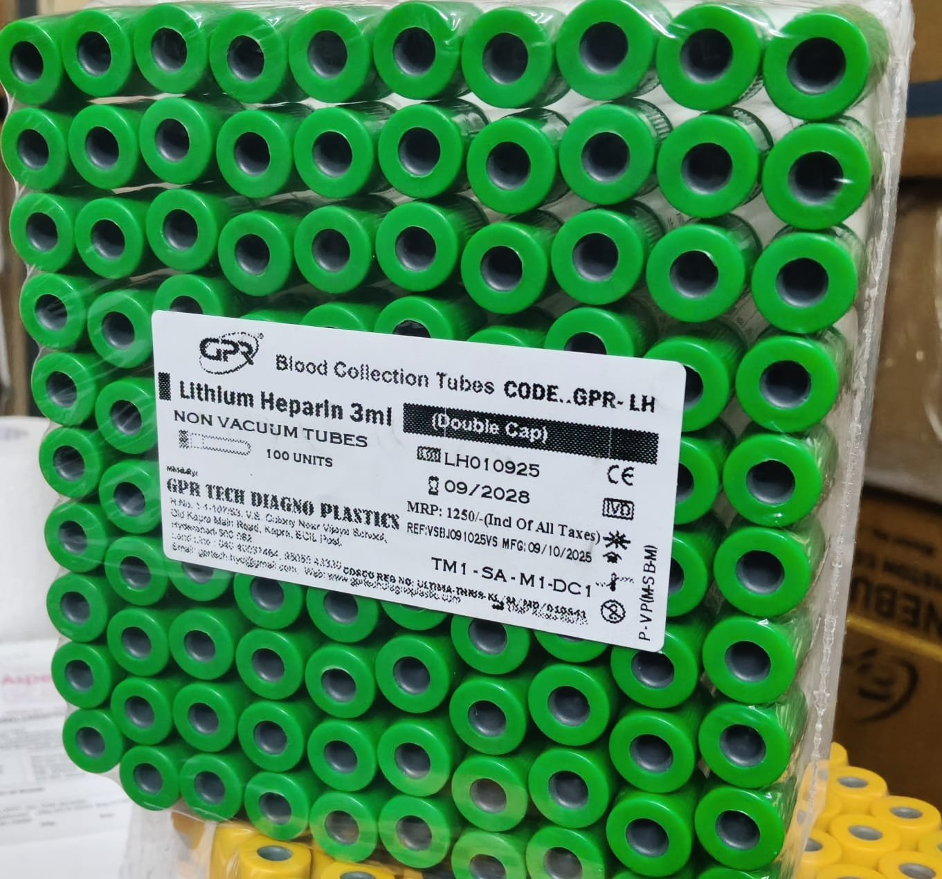 Lithium Heparin Non Vaccum blood collection tubes - 3ml pack of 100